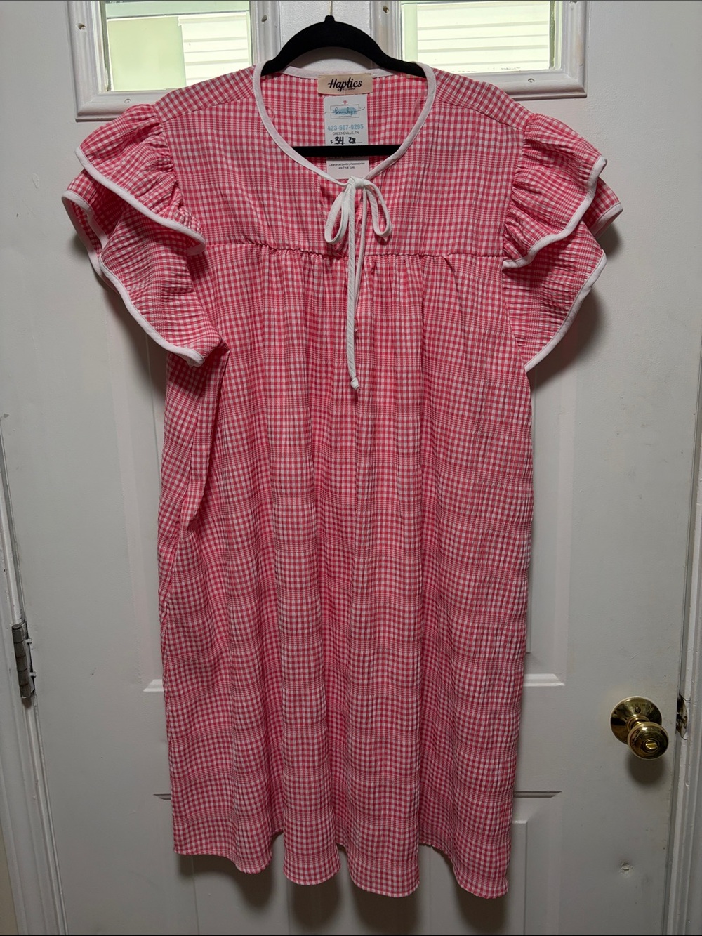 Pink Gingham Midi Dress with Ruffle Sleeves